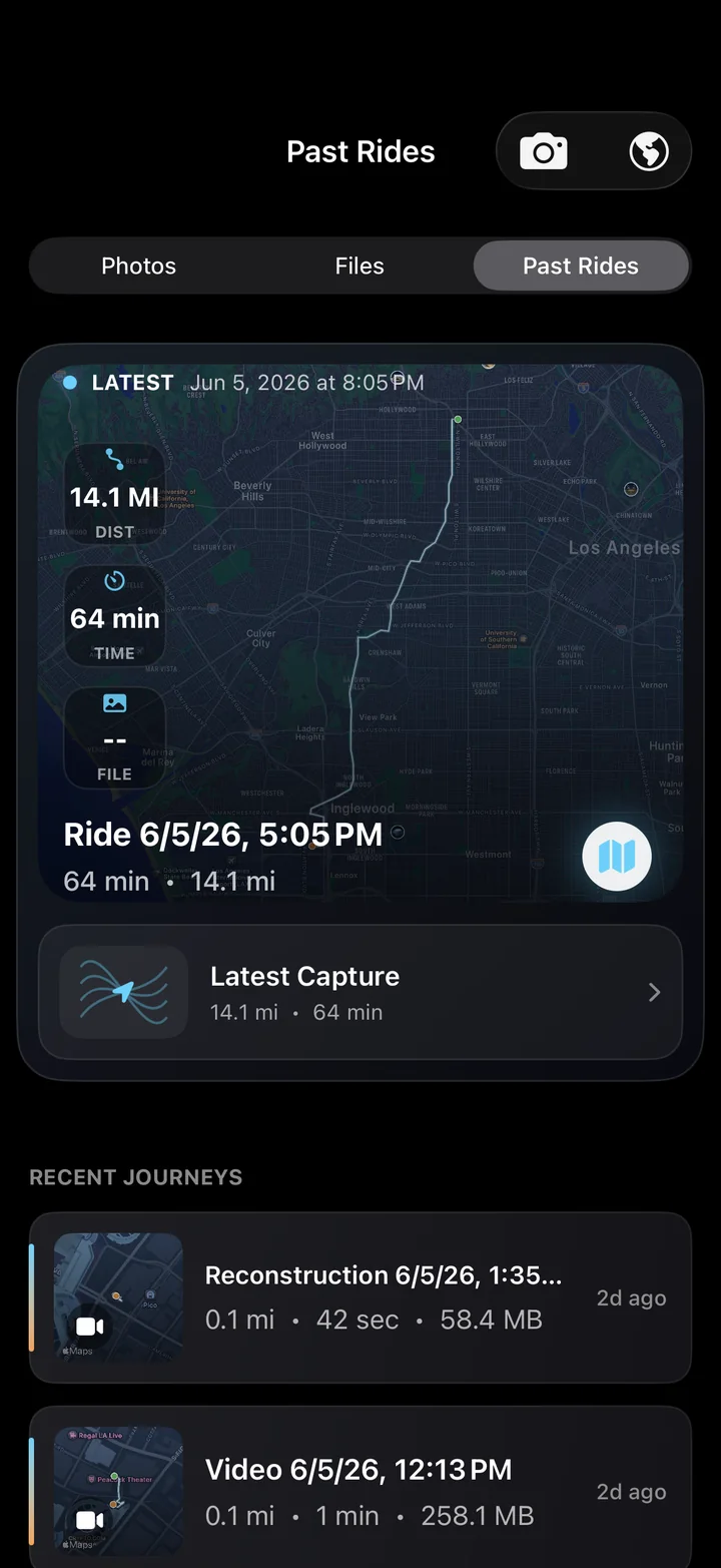 AtlasCam Past Rides library with a mapped ride record and recent journeys