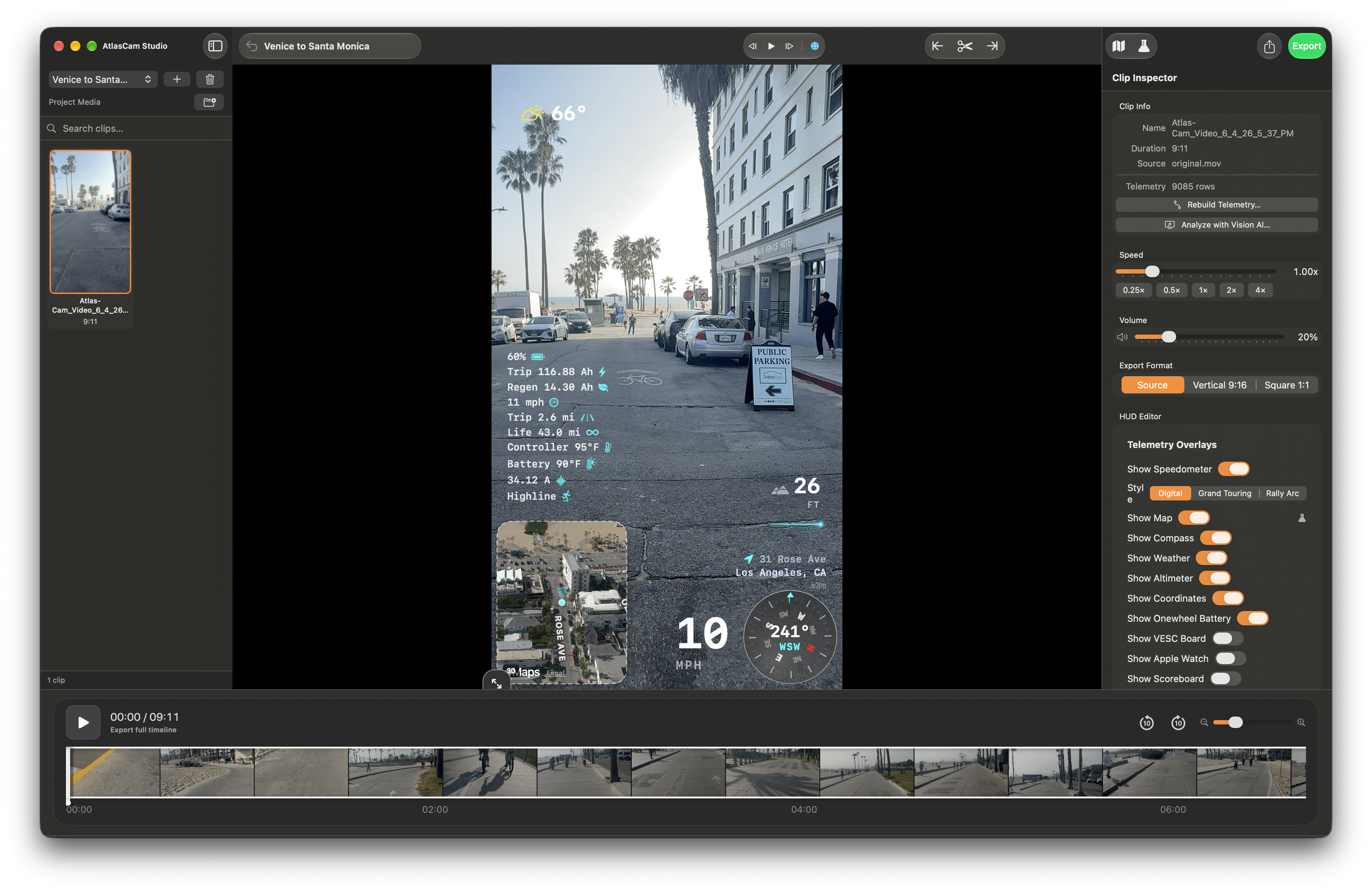 AtlasCam Studio editing a Venice to Santa Monica ride, with project media, telemetry HUD controls, and a video timeline