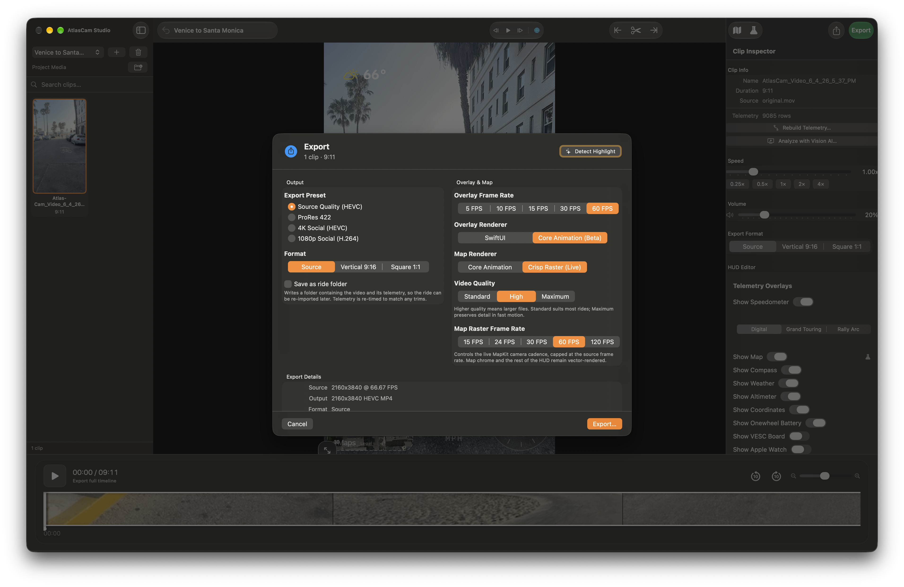 AtlasCam Studio export dialog with source quality, ProRes, social video presets, aspect ratios, and overlay and map rendering options