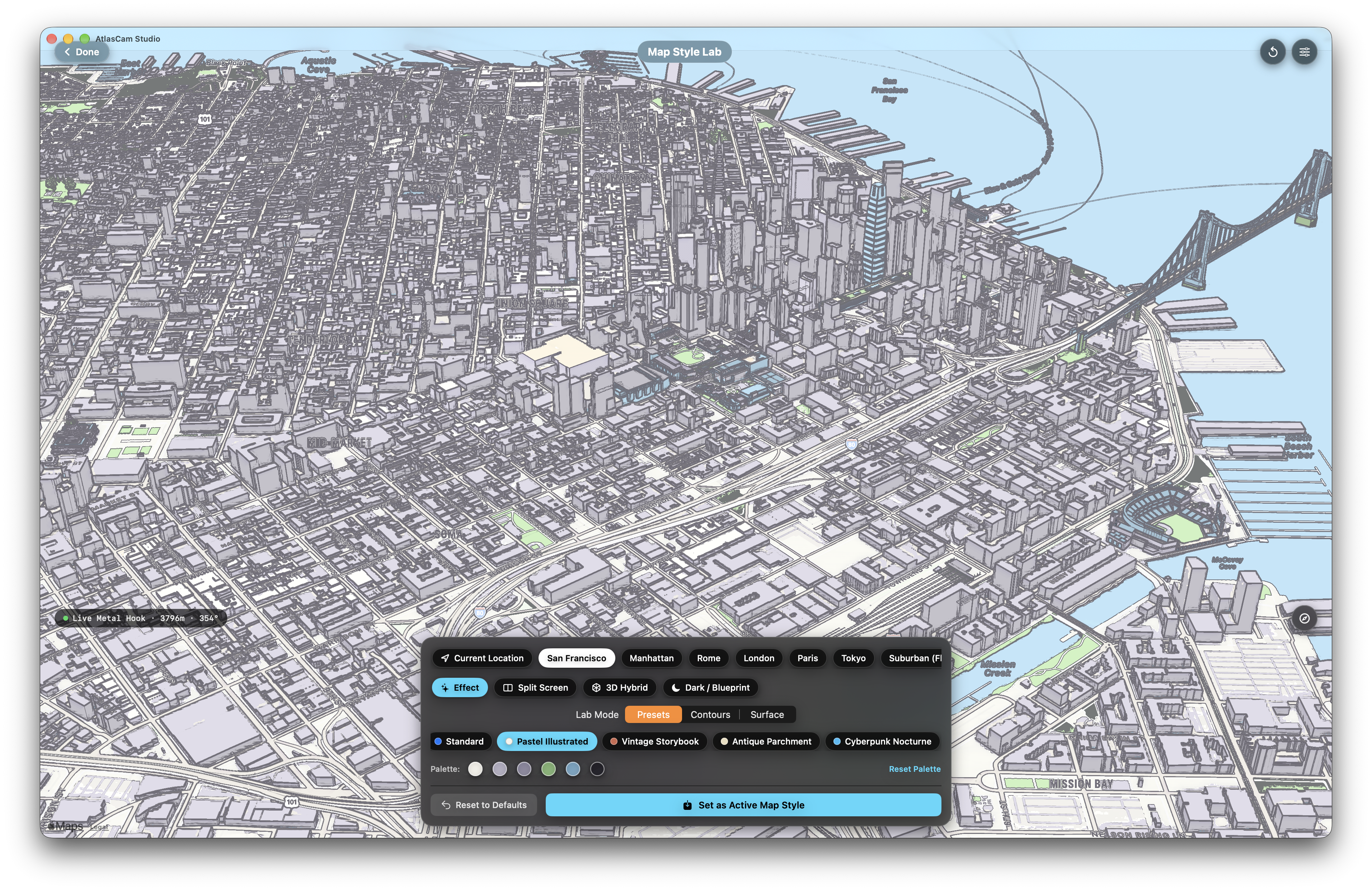 Map Style Lab showing San Francisco in the Pastel Illustrated preset, with palette and map style controls