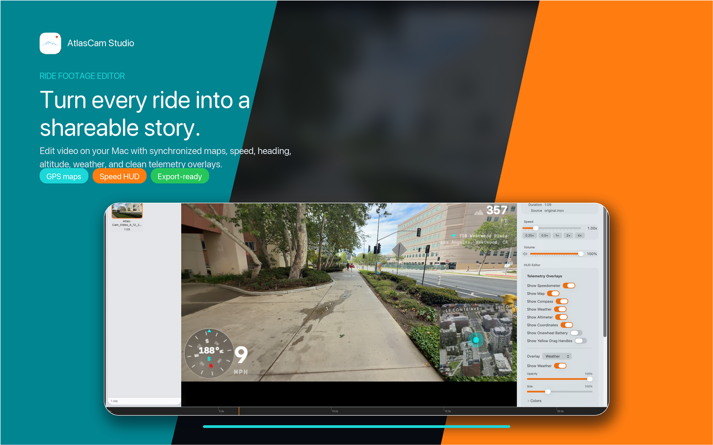 AtlasCam Studio editing a ride video with telemetry overlays, map, and export controls