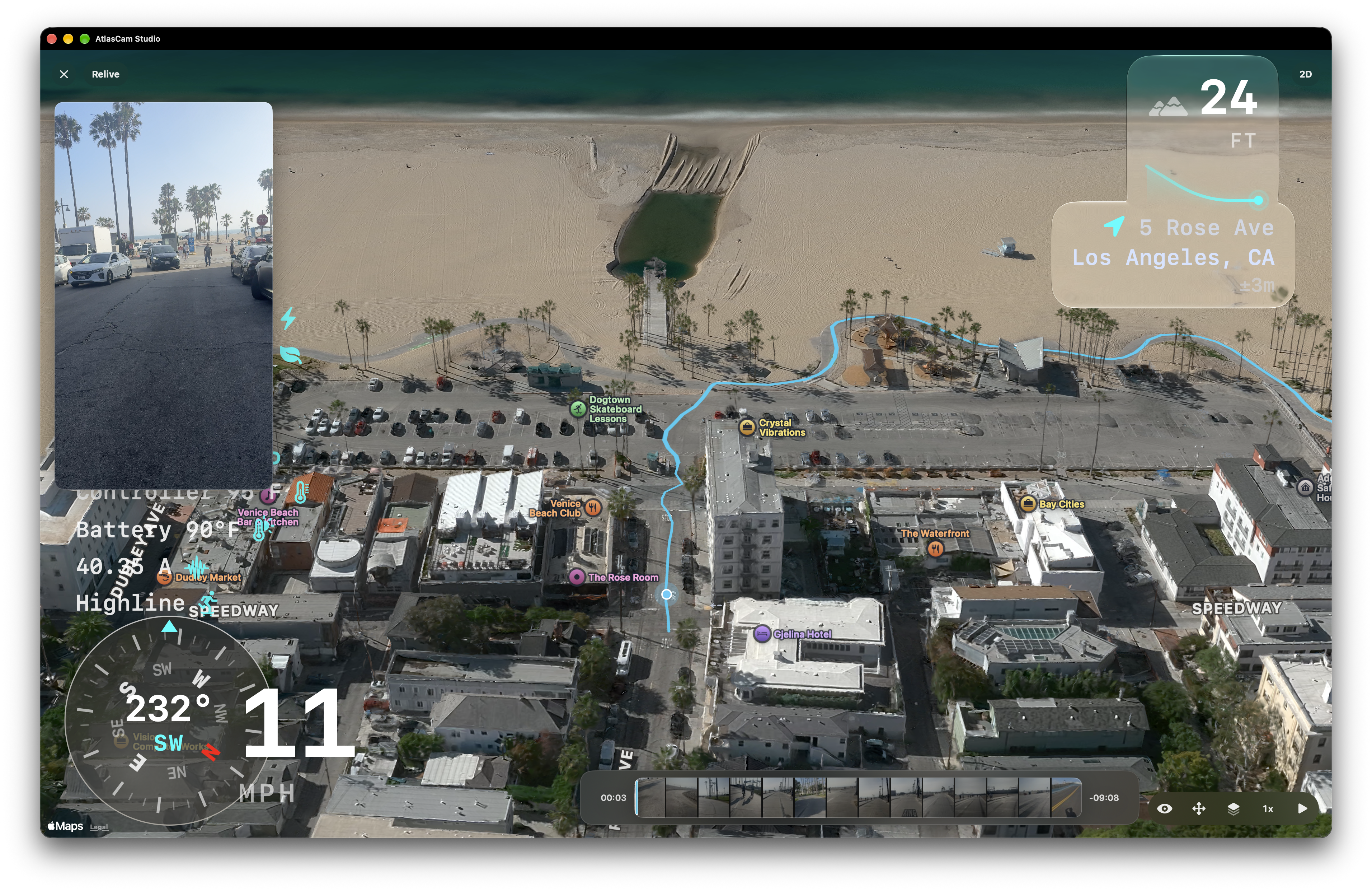 Relive following a Venice Beach ride on a 3D map with synchronized video, a blue route line, and speed and elevation telemetry